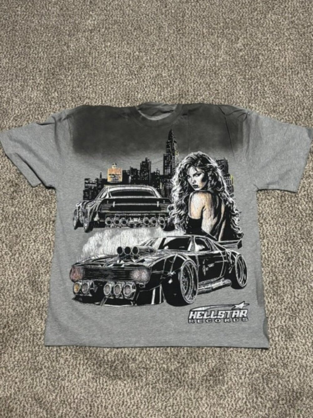 Hellstar Records Graphic T-Shirt Gray Cars Woman Streetwear Tee